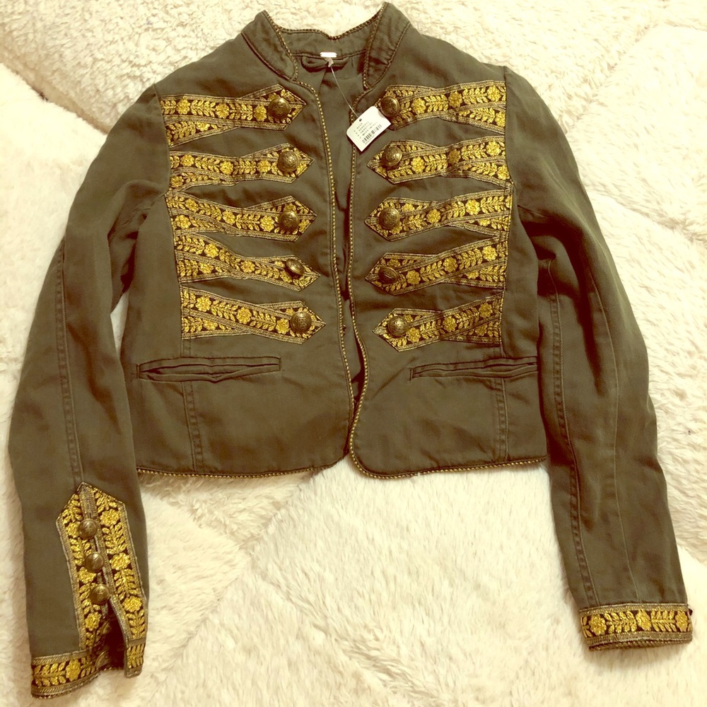 Free People Olive and Gold Twill Band Jacket